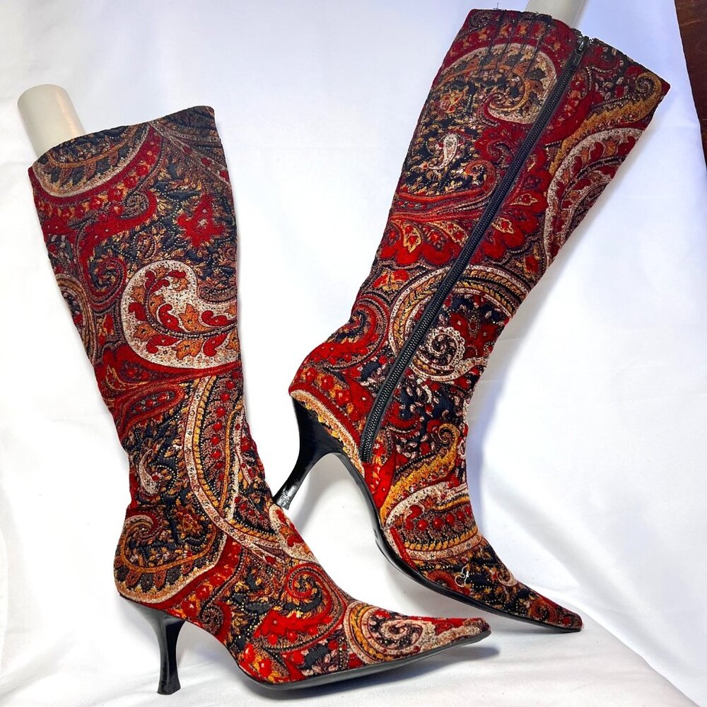 Diba Women's Tapestry Fabric Calf Zip Up Boots-Red Gold 3" Heel-Pointy Toe-Fun
